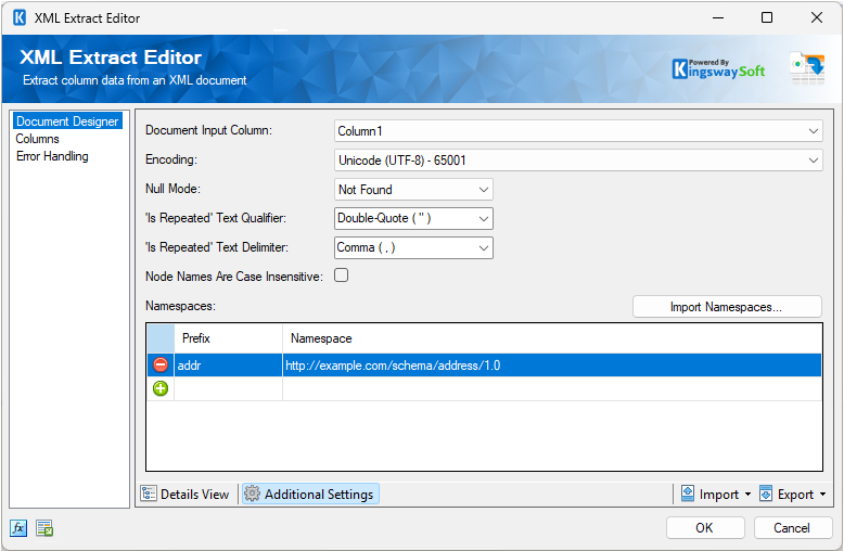 XML Extract Document Designer - Additional Settings